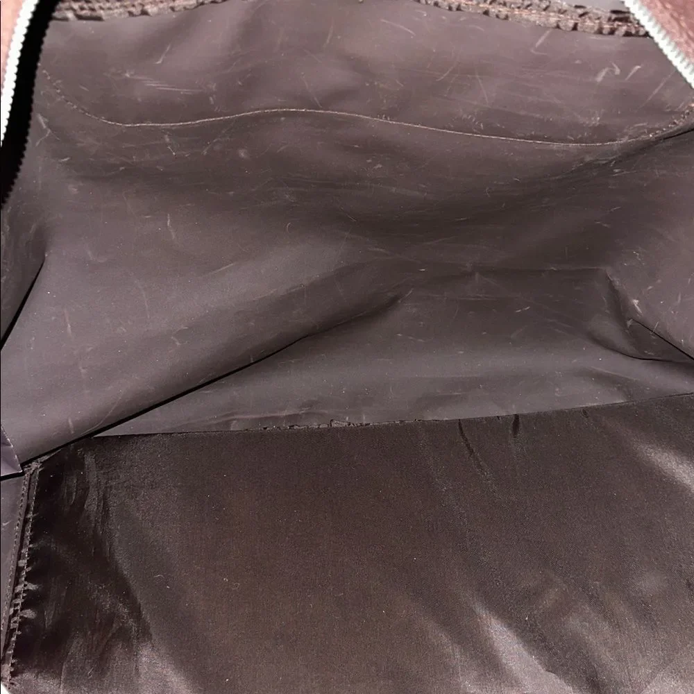 KC Sig Brown Canvas Faux Leather Silver Tone Hardware Duffel Bag with a Strap